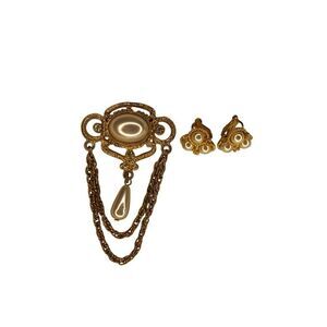 Vintage Gold Pearl Brooch Earrings Set Elegant Chain Drape Costume Jewelry Lot